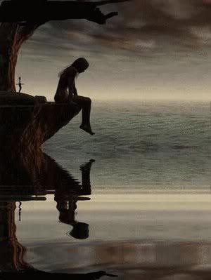 A girl sits on a ledge, head bowed, silhouetted against a still pool, with far off rough waters and dark clouds. Representative of S.A.D.