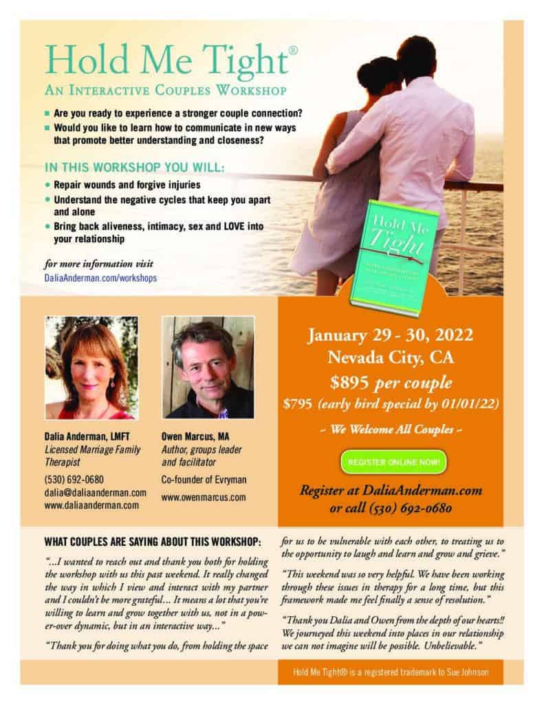 Flyer for a Hold Me Tight workshop on January 29 & 30, 2022.