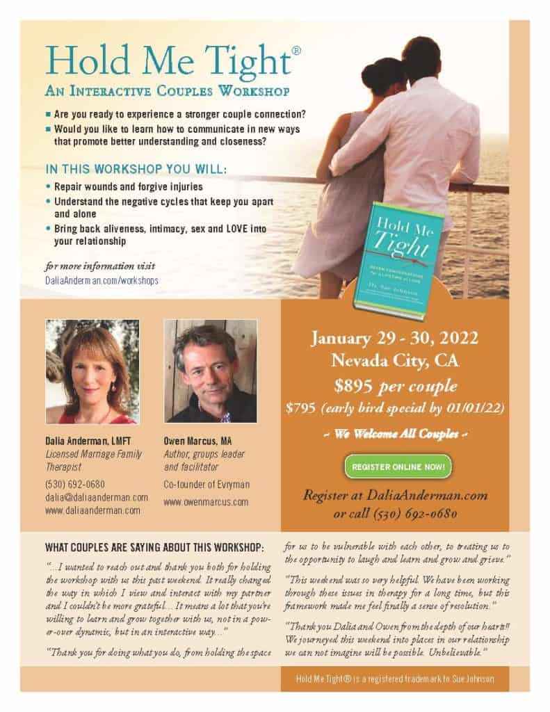 Hold Me Tight® couples workshop flyer for next workshop in New Year. January 29-30, 2022.