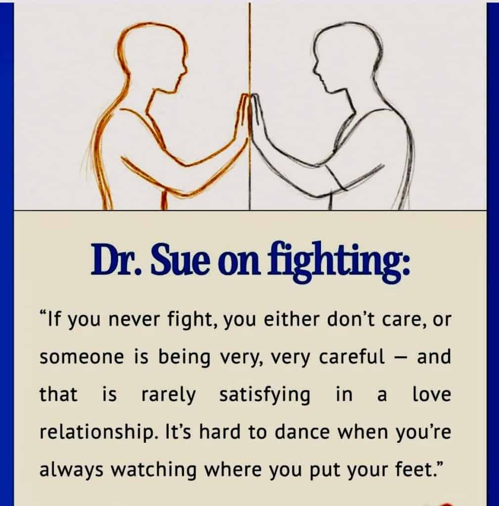 Two silhouettes face each other, hands pressed against a vertical divider, above a beige panel with 'Dr. Sue on fighting' and a quote about relationship conflict.